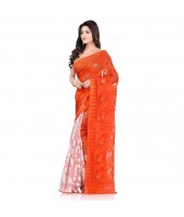 Bengal Handloom Tant Soft Dhakai Jamdani Cotton Saree Whole Body Design (Orange White)